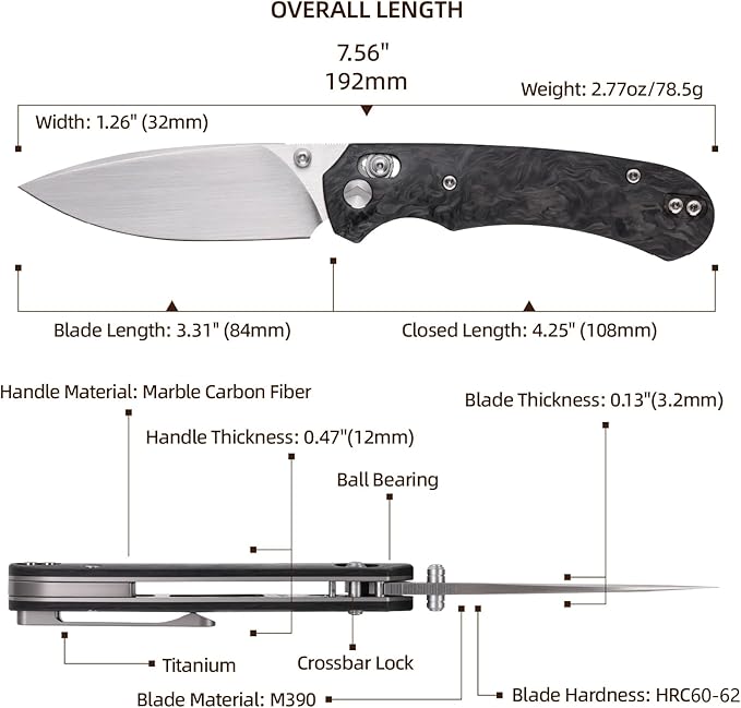 Folding Pocket Knife,3.31” M390 Blade,Erogonomic Titanium Handle,Hunting Survival Knife,EDC Knife