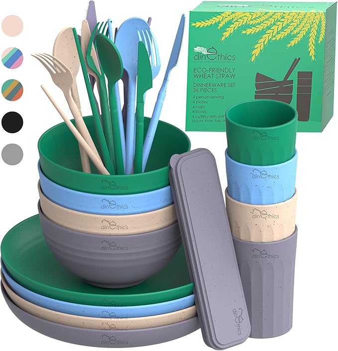 Wheatstraw Dinnerware Set for 4 - Camping Dishes & Utensils - Microwavable Plates - Alternate To