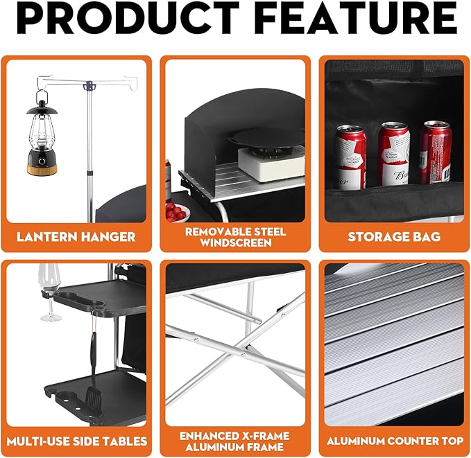 Camping Kitchen Table, Outdoor Cooking Table with 4 Panels & Storage Bag, Aluminum Folding Cooking