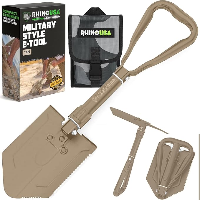 RHINO USA Folding Survival Shovel w/Pick - Heavy Duty Carbon Steel Military Style Entrenching Tool