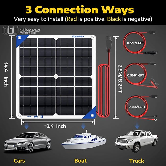 SUNAPEX Solar Battery Charger Maintainer, 20W 12V Portable Waterproof Solar Panel Trickle Charger