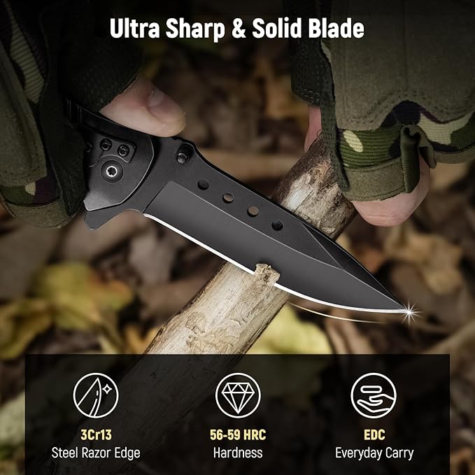 Pocket Knife for Men - 3.46" Sharp Blade Wood Handle Pocket Folding Knives with Clip, Glass Breaker