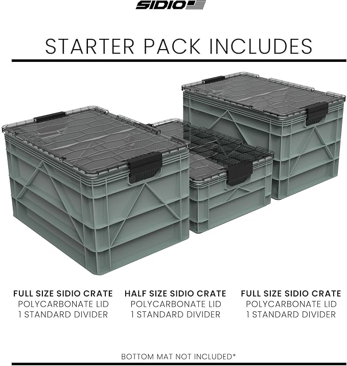 SIDIO CRATE Starter Pack - Two Full Size and One Half Size Heavy Duty Stackable Storage Bins, Totes