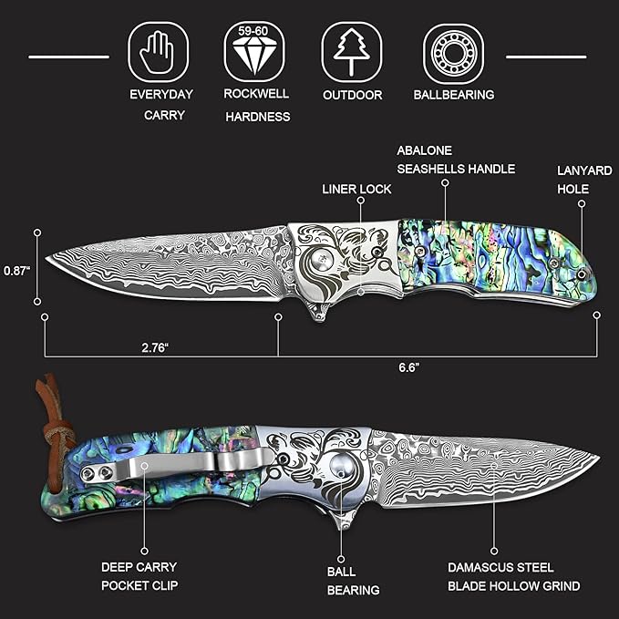 AUBEY EDC Damascus Pocket Knife with Leather Sheath, Abalone Shells Handle, Handmade Damascus Steel