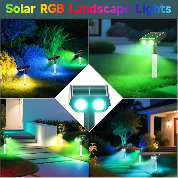 RGB Solar Spot Lights : 2 IN 1 Solar Lights Outdoor with 8 Lighting Modes & PC Light Guide Column
