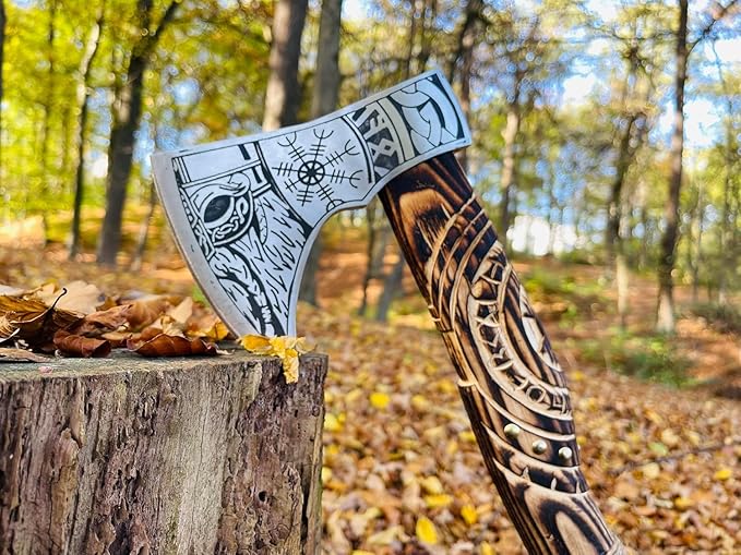 Hand Forged Viking Axe – Carbon Steel Blade with Ash Wood Handle and Leather Sheath, Camping
