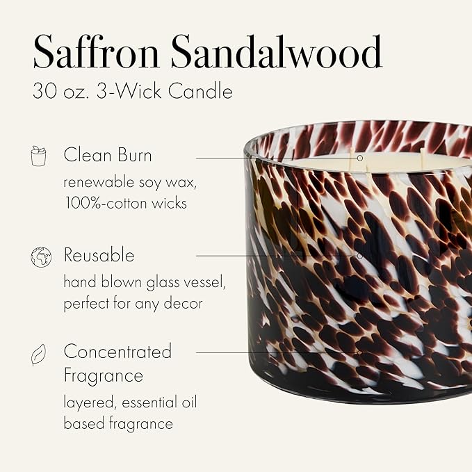 LAFCO New York Fall 3-Wick Candle, Saffron Sandalwood - 30 oz - 120-Hour Burn Time - Reusable, Hand