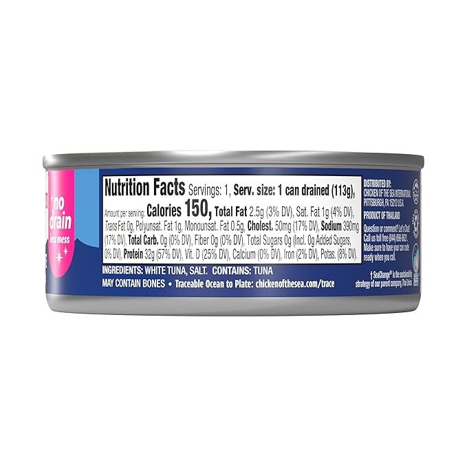 Chicken of the Sea Solid White Pure Tuna, 4 oz. Can (Pack of 4), Wild Caught, No Drain
