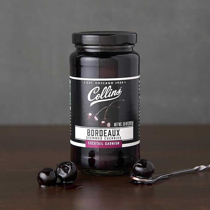 Collins Stemmed Black Cherries for Cocktails, Old Fashioned, Manhattan, and Whiskey Sour, Cocktail