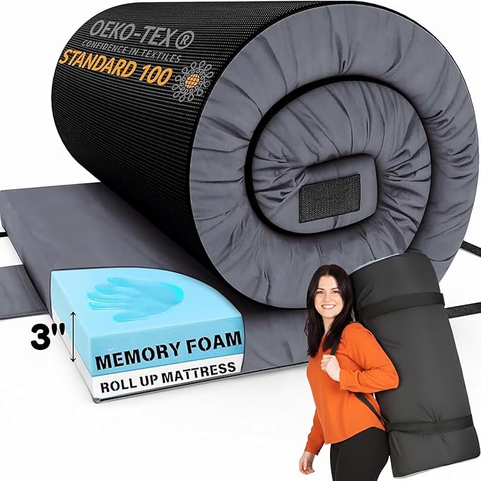 Hazli Matrix Comfort-Cell Memory Foam Camping Mattress Pad - Roll Up Mattress for Adults - Portable