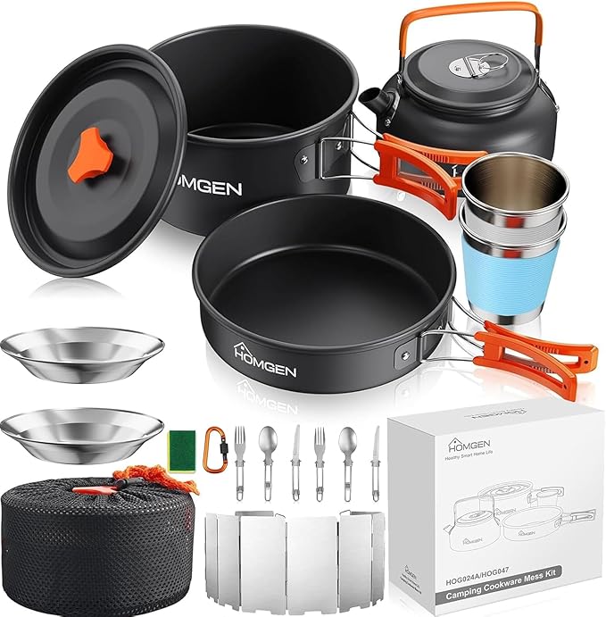 HOMGEN 14-Piece Camping Cooking Set with Stove Windshield & 2 Plates - Lightweight Aluminum Nesting