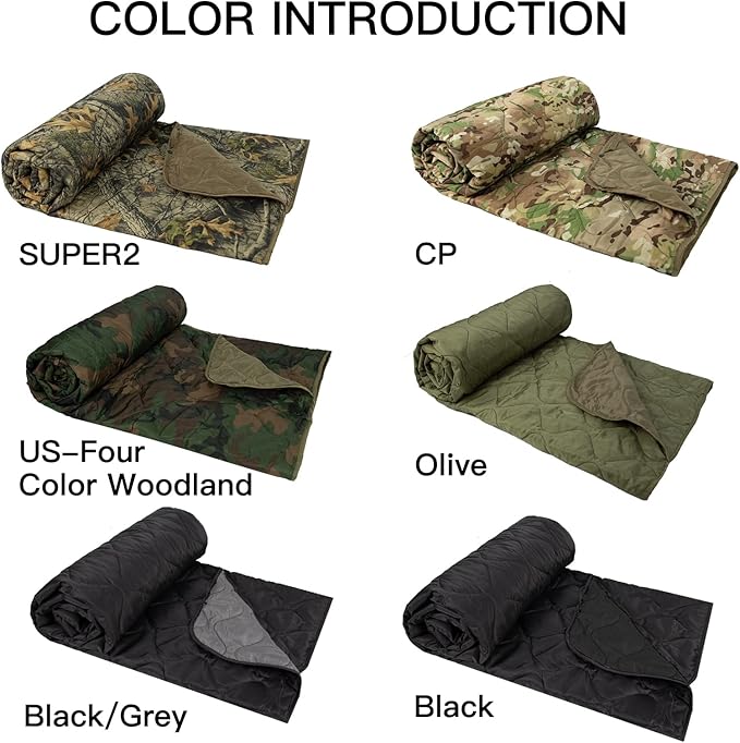 Military Poncho Liner 55”x 79” Camping Blanket Insulation Compact Waterproof for Travel Stadium