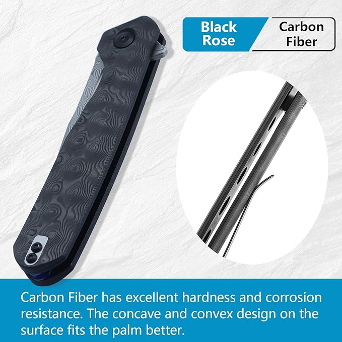 KANSEPT Qilin Pocket Knife,3.24'' Damascus Sharp Blade, Black Rose Carbon Fiber Handle for Edc