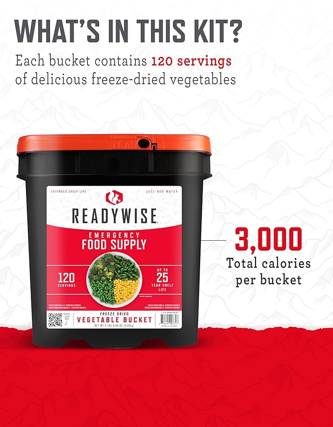 ReadyWise Emergency Food Supply - 120 Servings Freeze Dried Vegetables Bucket, Dehydrated Meals