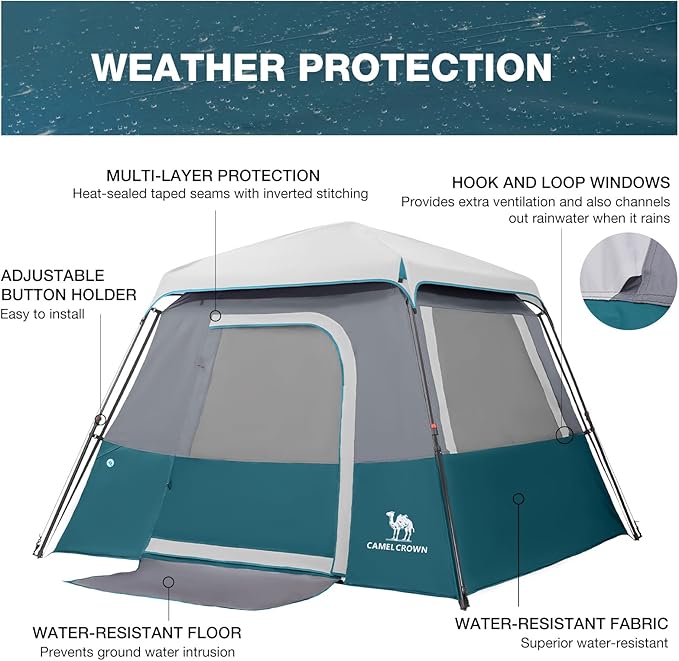 Camping Tents 4/6 Person Pop Up Instant Tent - Setup in 60s for Family Camping, Windproof Design