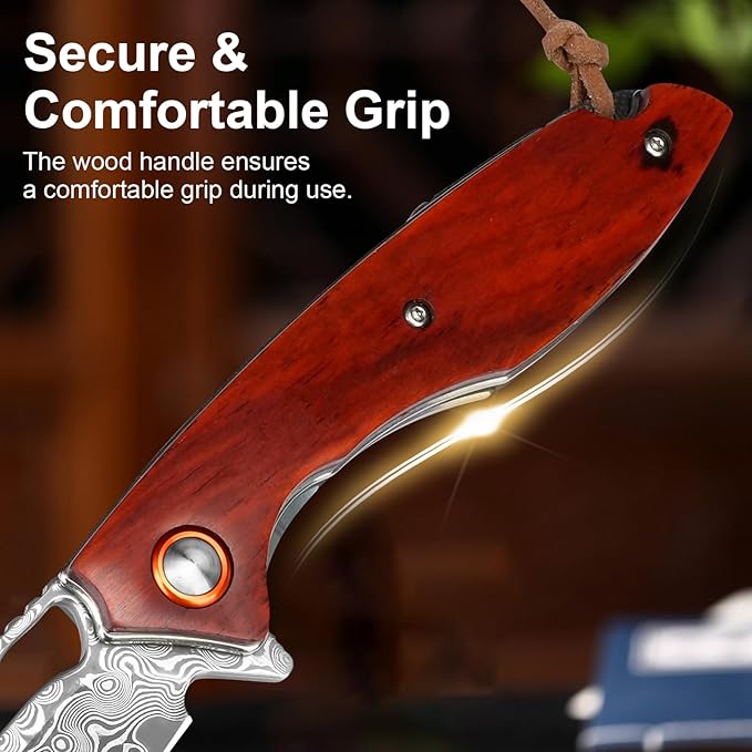 Damascus Pocket Knife 3.5" Damascus Steel Blade Foldable Knives with Wooden Handle EDC Camping