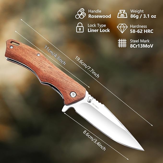 Vickay Pocket Knife for Men, 3.4" 8Cr13MoV Steel Blade, Wood Handle EDC Folding Knife with Liner