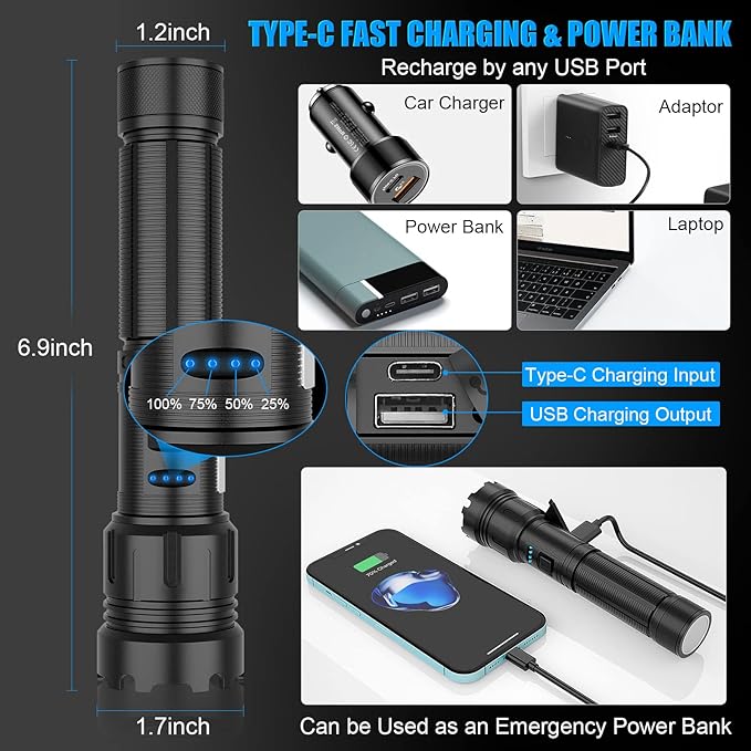 LED Magnetic Flashlight High Lumens Rechargeable, Super Bright Small Tactical Flashlights with COB