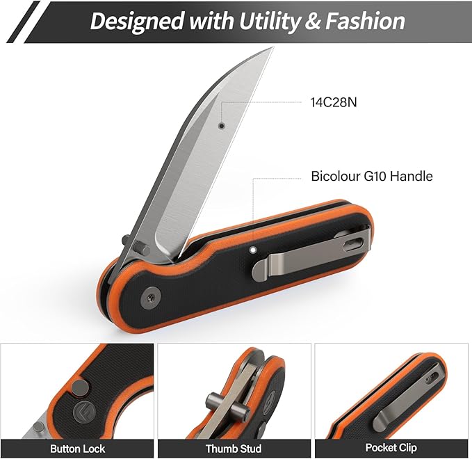 FINTISO Pocket Knife, 3" 14C28N Blade EDC Knife with G10 Handle, Folding Knife with Pocket Clip for