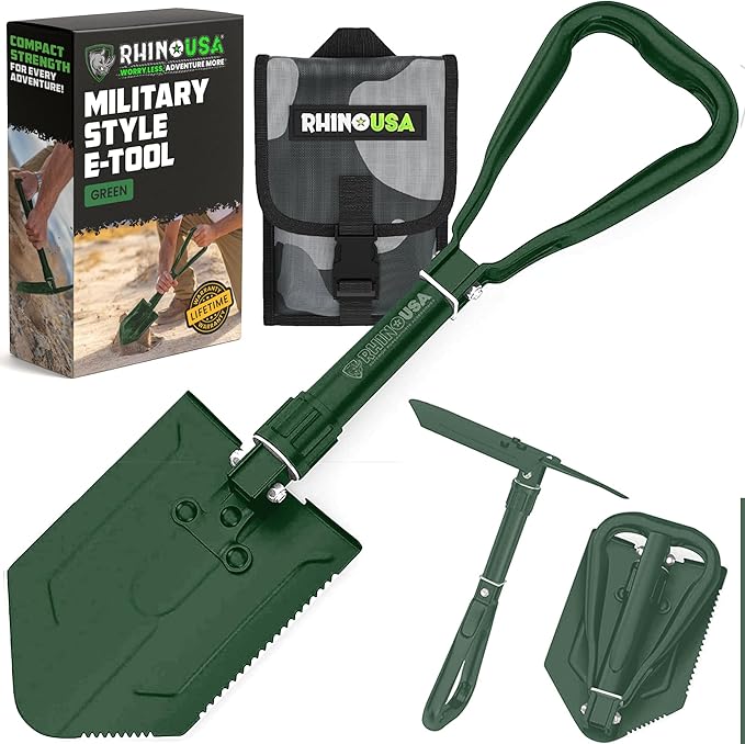 RHINO USA Folding Survival Shovel w/Pick - Heavy Duty Carbon Steel Military Style Entrenching Tool