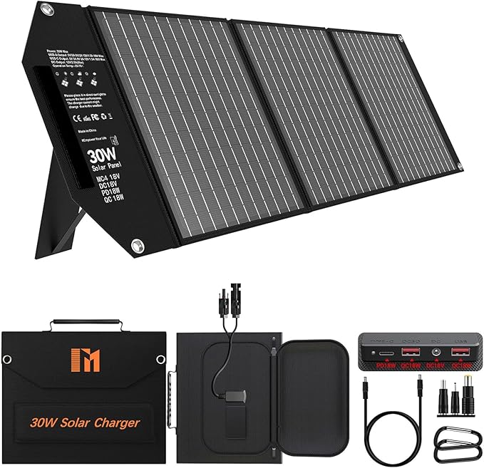 30W Portable Solar Charger Foldable Solar Panel with USB C and USB A 18V MC4 DC for Camping