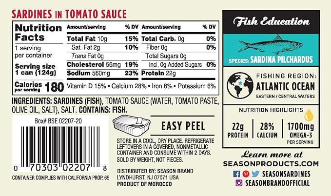Season Sardines in Tomato Sauce - Wild Caught, 22g of Protein, Keto Snacks, More Omega 3's Than