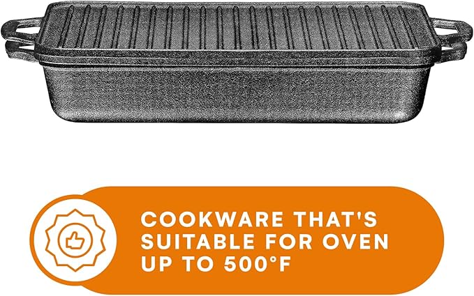 Bruntmor 3-in-1 Pre-Seasoned Cast Iron Pan with Reversible Grill Griddle Lid - 17.8"x11"x3.3"