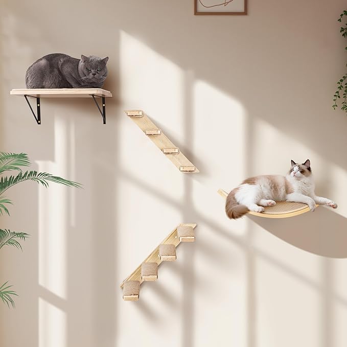 Wood Cat Wall Bed with Sisal Mat ??Curved Cats Shelf for Scratching and Sleeping, Wall Mounted Cat