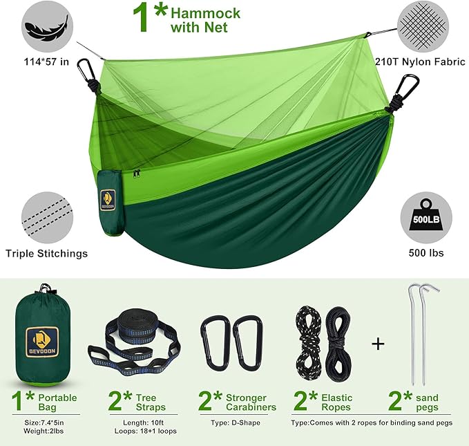 Camping Hammock with Net,Travel Portable Lightweight Hammocks with Tree Straps and Solid D-Shape