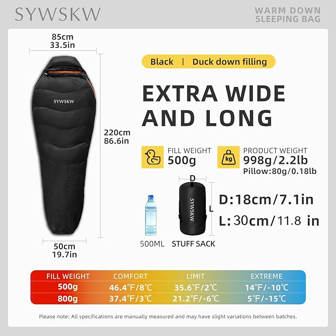 Down Sleeping Bag with Pillow, Lightweight Wide Sleeping Bag (86.6 in x 33.5 in) for Adults