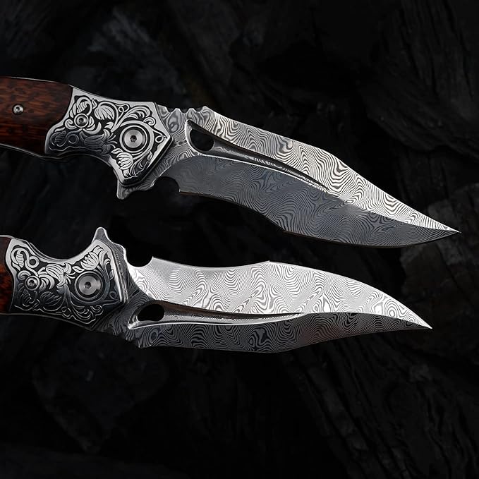Japanese VG 10 Damascus Steel Folding Knife, Outdoor Wilderness Survival Pocket Knife, Snake Wood