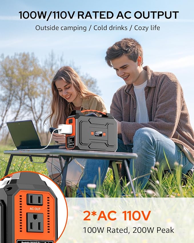 Portable Power Station Bank 146Wh 200W Peak(100W Rated), Solar Powered Power Bank with AC Outlet