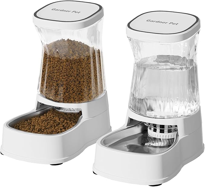 Automatic Pets Gravity Feeder and Water Dispenser Set, 1Gallon x 2 Stainless Steel Food Feeder and