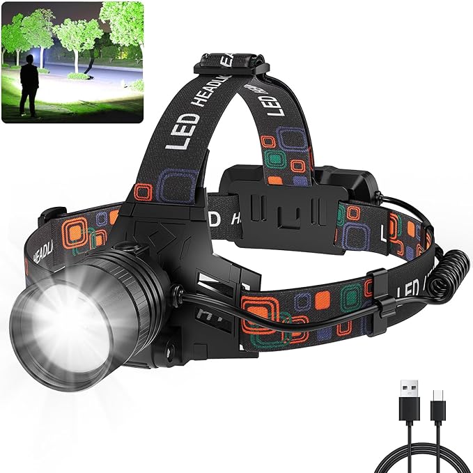 Rechargeable Headlamp, 99000 Lumens Super Bright LED Head Lamp with 3 Modes, 90° Adjustable Head