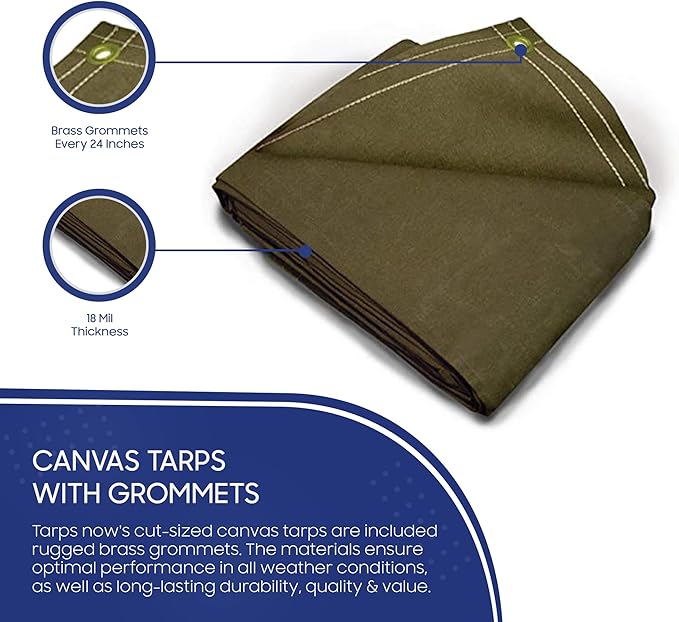 Tarps Now 8x12 ft Heavy Duty Canvas Tarp| 18 MIL Industrial Grade Fabric, Tear Resistance