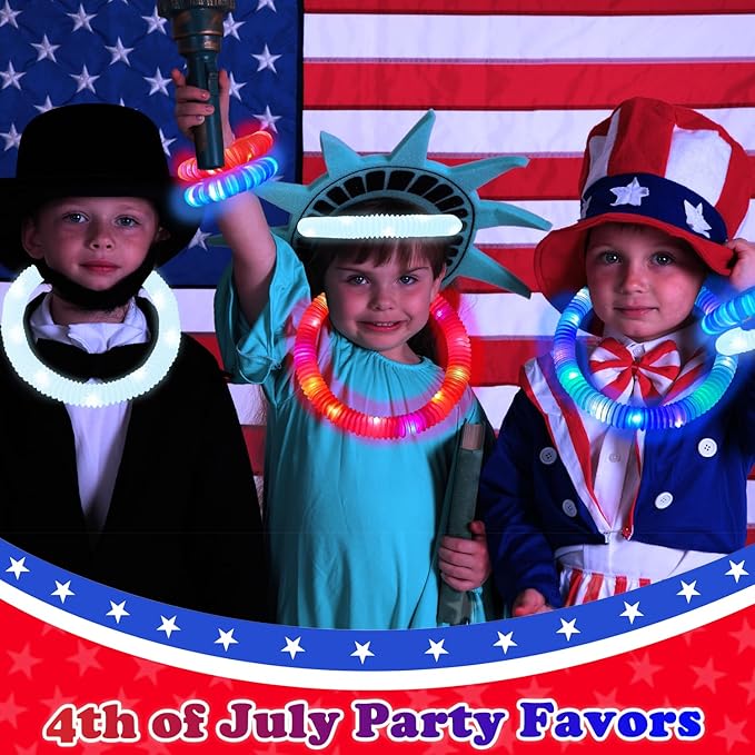 Red White Blue Glow Sticks 12 PCS, American Usa Flag Accessories Light up Bracelets Necklaces for