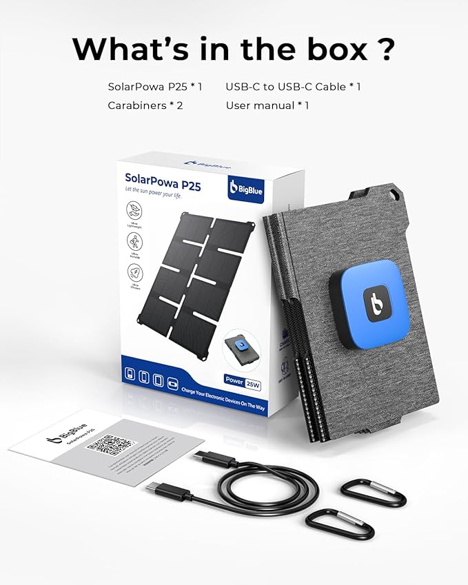 [Upgraded] BigBlue Ultra-Light Portable 25W Solar Panel Charger with USB-A and USB-C Ports, 0.84