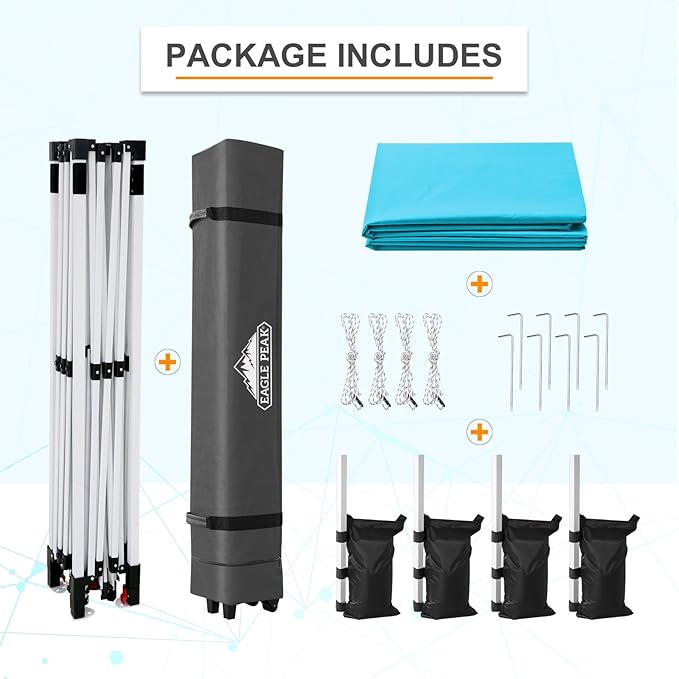 EAGLE PEAK Pop Up Canopy Tent with Wheeled Carry Bag, 8 Stakes, 4 Ropes, 4 Weight Bags, Easy Set Up
