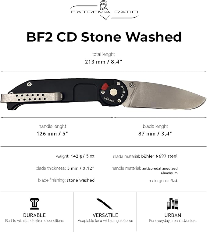 Extrema Ratio - BF2 CD (STONE WASHED), Folding Knife, Böhler N690 steel blade hardened to 58 HRC