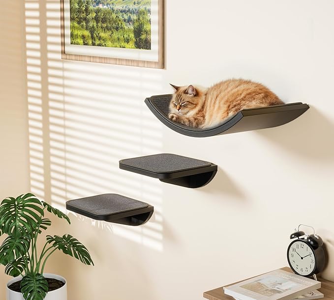 Gray Cat Wall Shelf with Grey Sisal Mat, Curved Cat Bed for Scratching and Resting, Wall Mounted