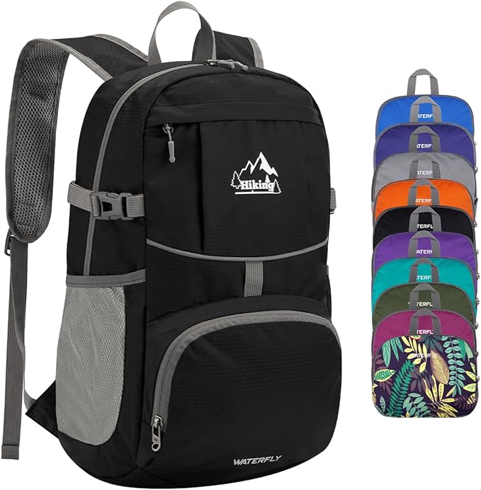 WATERFLY Packable Hiking Daypack Backpack: 25L Ultra Lightweight Foldable Waterproof Outdoor Travel