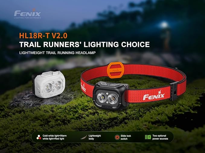 Fenix HL18R-T V2.0 800 Lumen Trail Running Headlamp, USB-C Rechargeable, White and Warm White
