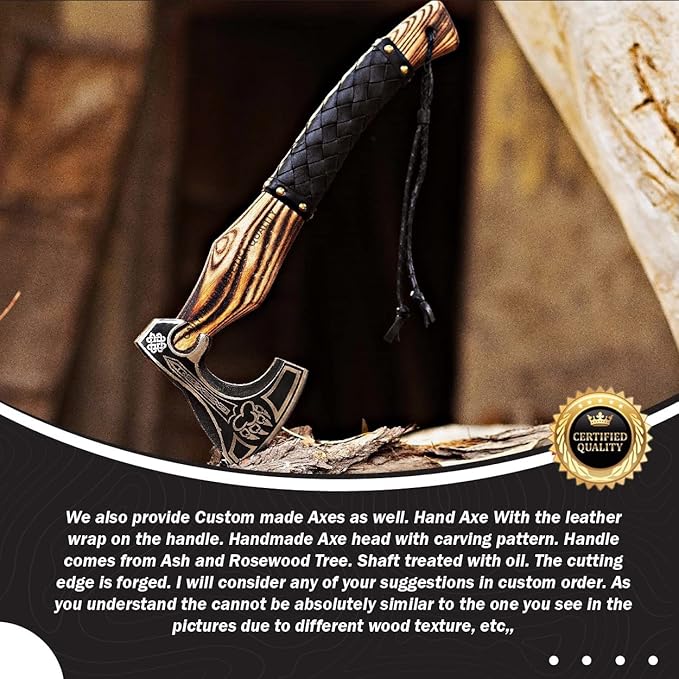 Custom Gift Forged Carbon Steel Viking Axe with Rose Wood Shaft, Viking Bearded Camping Axe &