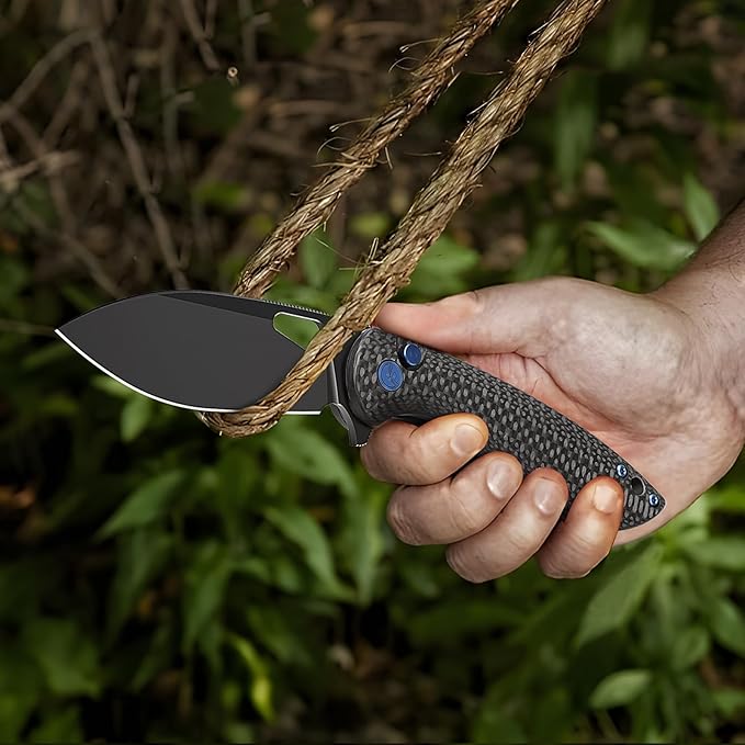Pocket Knife, 3.1" Unique S35VN Blade Folding Knife with Button Lock, EDC Knife with Carbon Fiber