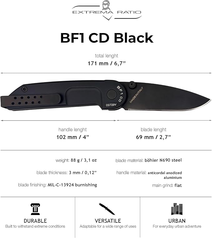 Extrema Ratio - BF1 CD (BLACK), Folding Knife, Böhler N690 steel blade hardened to 58 HRC