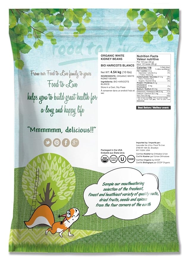 Food to Live Organic White Kidney Beans, 10 Pounds Whole Raw Dried Beans, Vegan, Kosher, Bulk. Rich