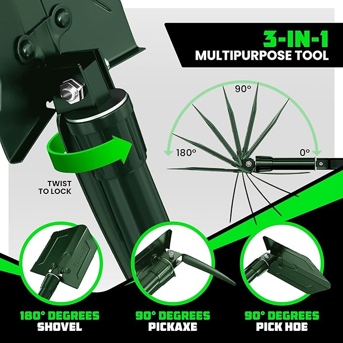 RHINO USA Folding Survival Shovel w/Pick - Heavy Duty Carbon Steel Military Style Entrenching Tool