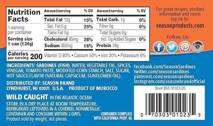 Season Sardines in Hot Sauce - Wild Caught, 24g of Protein, Keto Snacks, More Omega 3's Than Tuna