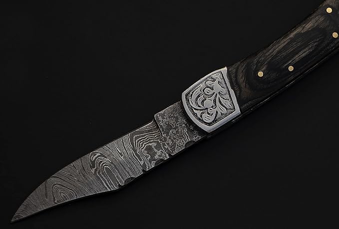 8.5" long Folding Knife, Wood Scale with Engraved steel bolster, custom made 4.25" Hand Forged