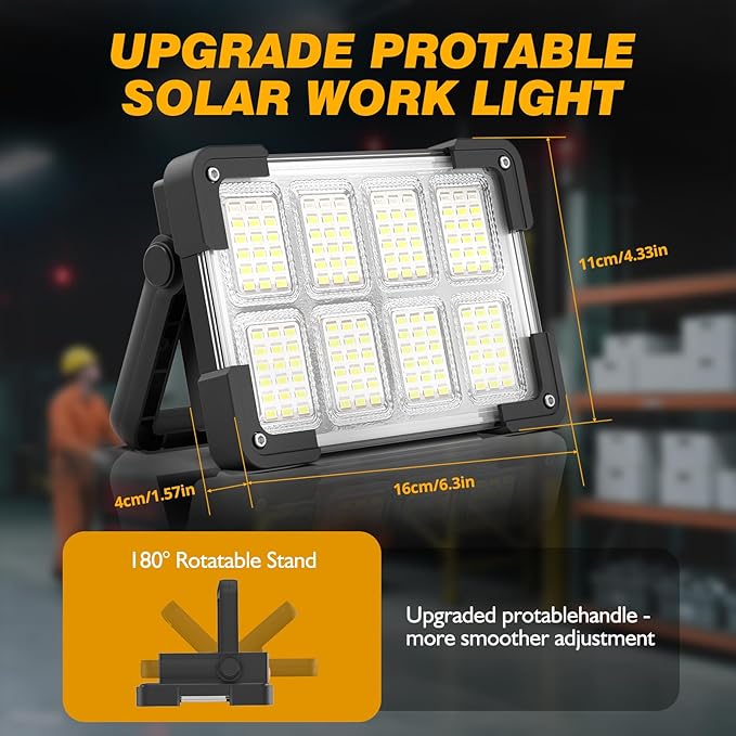 120W Solar Rechargeable Work Light, 144 LED 10000LM Led Work Light with 4 Modes, Portable Flood